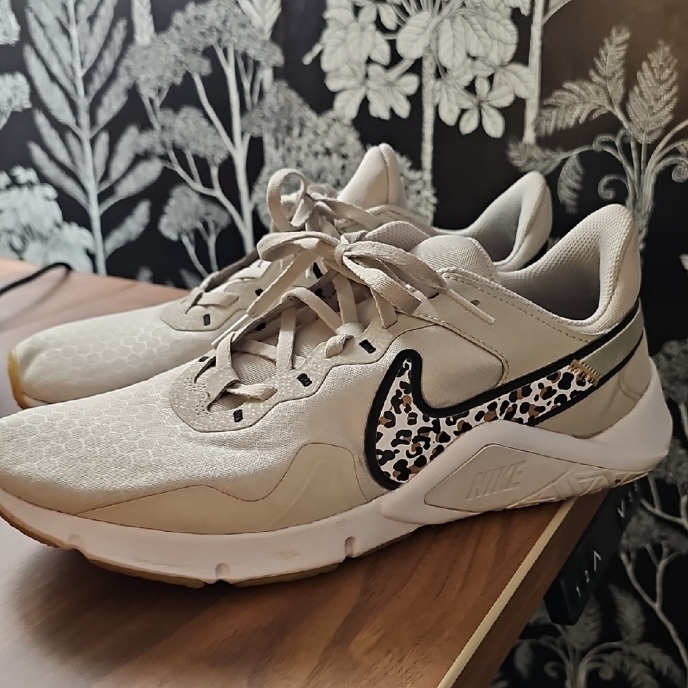 Nike Women's Beige Sneakers with Leopard-Print Swoosh